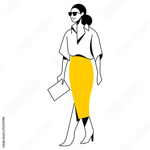 vector flat design trendy linear illustration beautiful stylish woman in long midi skirt. street style, fashion. useful for web, graphic design, print, clothing stores, postcard, poster. 2d people.