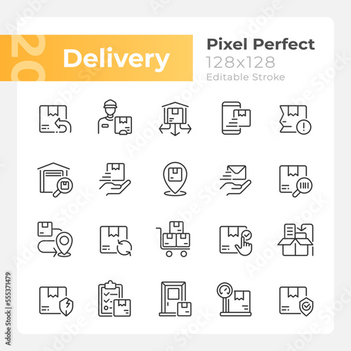 Delivery pixel perfect linear icons set. Shipping services. Parcel transfer. Customizable thin line symbols. Isolated vector outline illustrations. Editable stroke. Montserrat Bold, Light fonts used