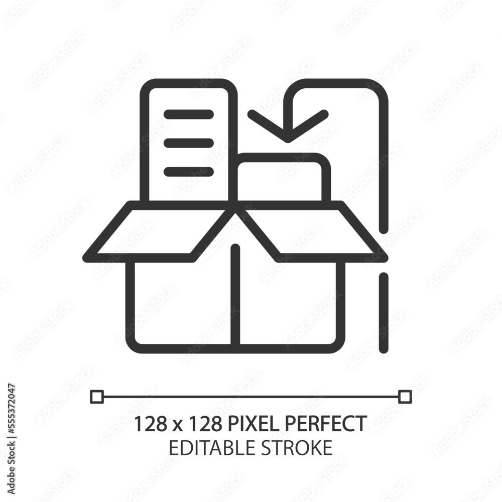 Product packaging pixel perfect linear icon. Pack order for customer. Prepare goods for transportation. Thin line illustration. Contour symbol. Vector outline drawing. Editable stroke. Arial font used Product packaging pixel perfect linear icon. Pack order for customer. Prepare goods for transportation. Thin line illustration. Contour symbol. Vector outline drawing. Editable stroke. Arial font used