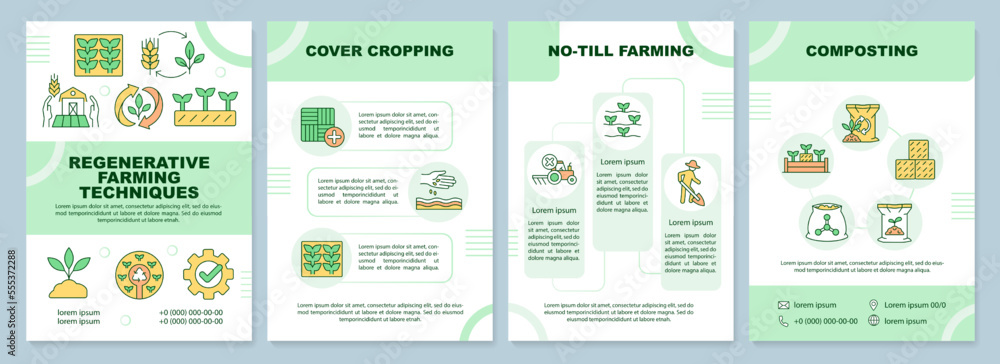 Regenerative farming techniques brochure template. Leaflet design with linear icons. Editable 4 vector layouts for presentation, annual reports. Arial-Black, Myriad Pro-Regular fonts used