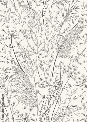 Dry grass seamless pattern. Black and White tones. Vector botanical illustration. Herbal background for wallpaper. Reeds, pampas grass, dried grass. Vertical ornament. Sketch.