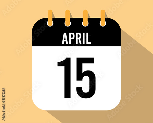 15 April calendar icon. Vector black for the month of April with shadow effect