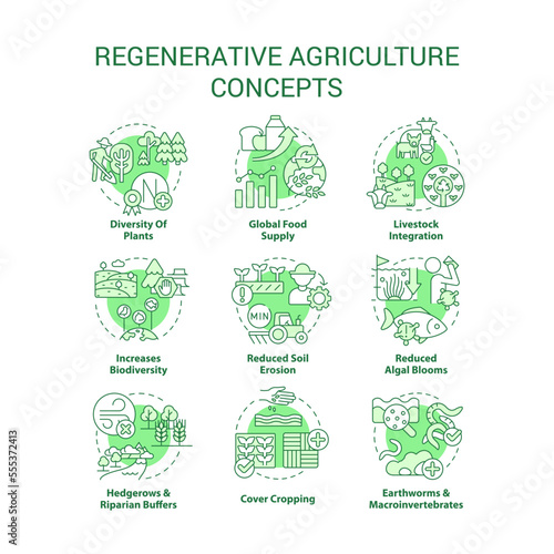 Regenerative agriculture green concept icons set. Gardening and farming approach idea thin line color illustrations. Isolated symbols. Editable stroke. Roboto-Medium, Myriad Pro-Bold fonts used