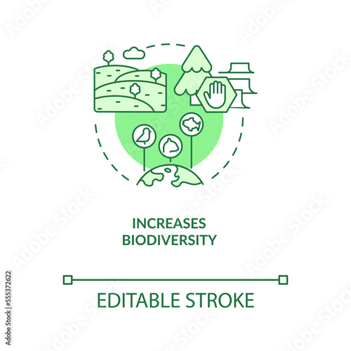 Increase biodiversity green concept icon. Agricultural expansion. Regenerative food abstract idea thin line illustration. Isolated outline drawing. Editable stroke. Arial, Myriad Pro-Bold fonts used