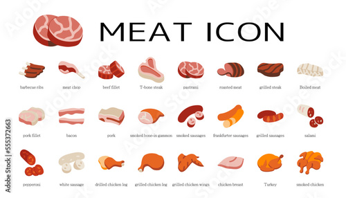 Meat flat icon Set.  Beef, pork and chicken meat.