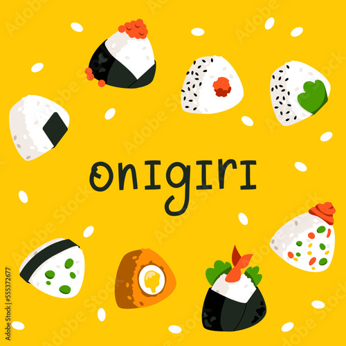A set of onigiri. Asian rice food. Japanese fast food. Onigiri with various fillings
