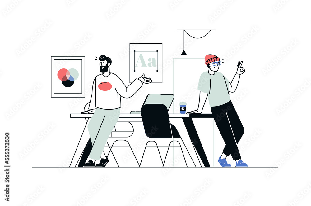 Creative agency concept in flat line design. Men working on creative project, generate new ideas, making advertising and promoting business. Illustration with outline people scene for web - obrazy, fototapety, plakaty 