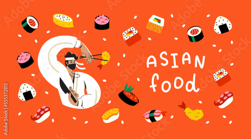 Japanese cook Asian food. Asian chef cooks Asian fish food. Sushi preparation