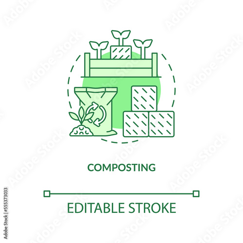 Composting green concept icon. Organic waste. Regenerative agriculture technique abstract idea thin line illustration. Isolated outline drawing. Editable stroke. Arial, Myriad Pro-Bold fonts used