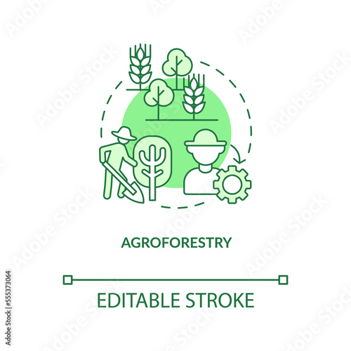 Agroforestry green concept icon. Forest system. Regenerative agriculture technique abstract idea thin line illustration. Isolated outline drawing. Editable stroke. Arial, Myriad Pro-Bold fonts used