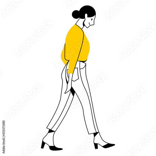 vector trendy linear image of a beautiful stylish girl in fashionable clothes walking down the street. street style, fashion. useful for architectural drawing, industrial design, web, graphic design