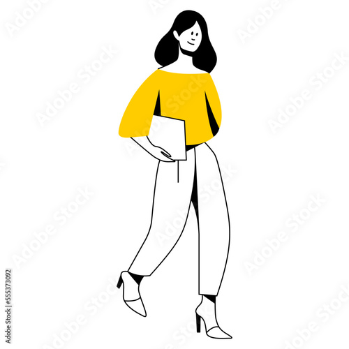 vector trendy linear image of a beautiful stylish girl in fashionable clothes walking down the street. street style, fashion. useful for architectural drawing, industrial design, web, graphic design