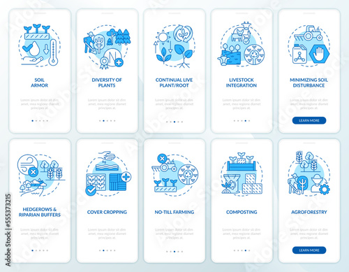 Regenerative agriculture blue onboarding mobile app screens set. Walkthrough 5 steps editable graphic instructions with linear concepts. UI, UX, GUI template. Myriad Pro-Bold, Regular fonts used