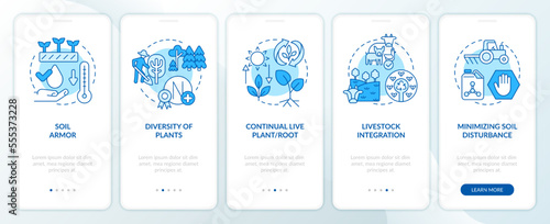 Principles of regenerative farming blue onboarding mobile app screen. Walkthrough 5 steps editable graphic instructions with linear concepts. UI, UX, GUI template. Myriad Pro-Bold, Regular fonts used