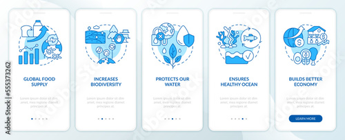Regenerative food blue onboarding mobile app screen. Benefits walkthrough 5 steps editable graphic instructions with linear concepts. UI, UX, GUI template. Myriad Pro-Bold, Regular fonts used