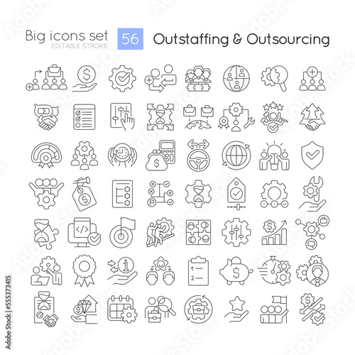 Managing contract workers linear icons set. Recruiting remote employees. Outsourcing. Customizable thin line symbols. Isolated vector outline illustrations. Editable stroke. Quicksand-Light font used