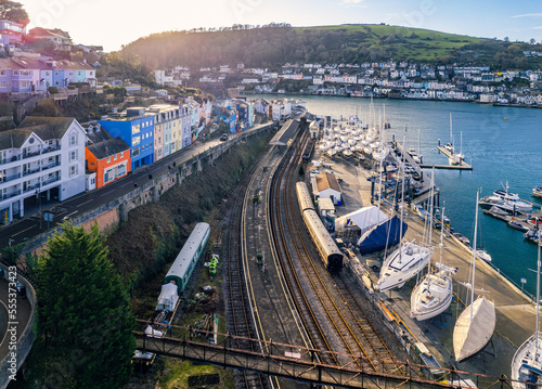 Dartmouth Steam Railway and River Dart from a drone, Kingswear, Devon, England, Europe photo