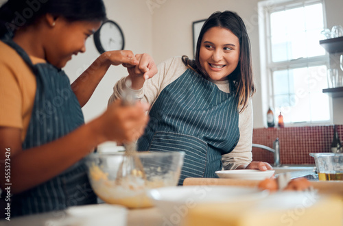 Photography Mom, girl and cooking with learning, motivation and teaching for cookies, bonding and care in home kitchen