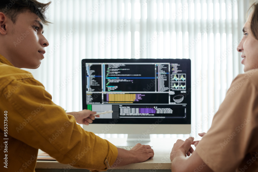 Obraz premium Young man explaining parts of programming code on computer screen to friend