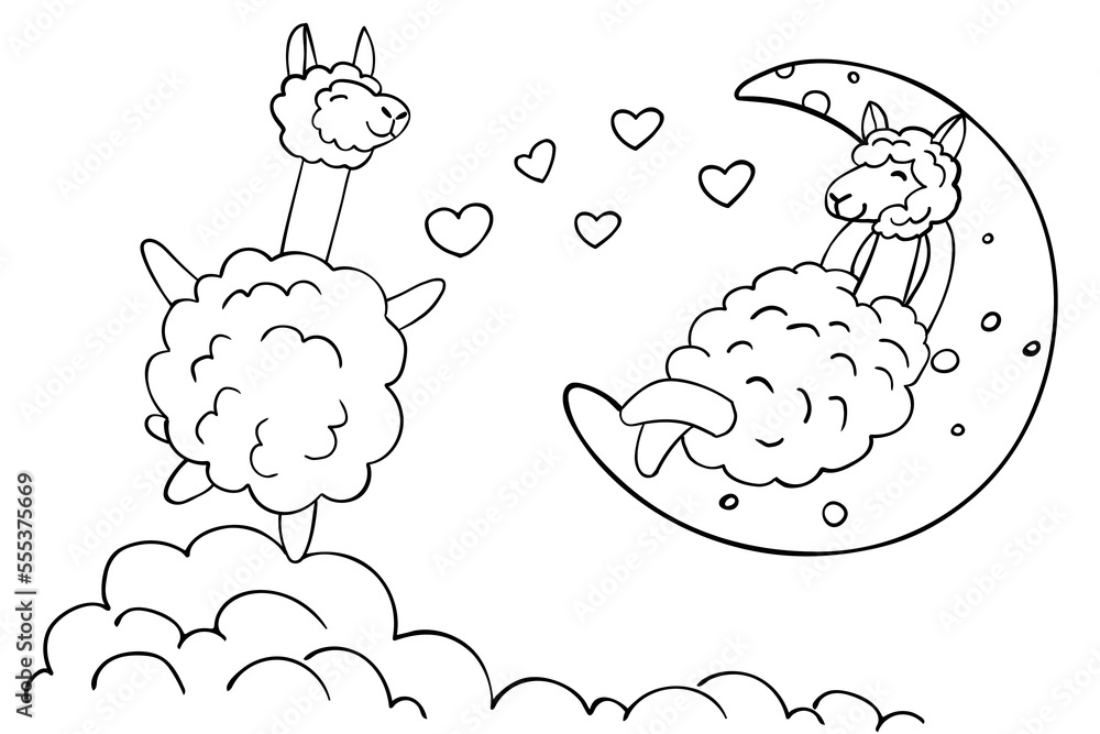 Fototapeta premium Two cute lamas in the clouds. Cute lama on the moon. Love card. Perfect for coloring page, coloring book, print. Vector illustration.