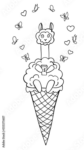 Cute outline llama ice cream isolated on white background. Perfect for coloring page, coloring book, print. Vector illustration.