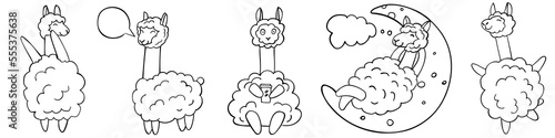 Set of cute outline llama ice cream isolated on white background. Perfect for coloring page, coloring book, print. Vector illustration.