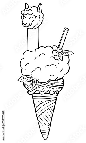 Cute outline llama ice cream isolated on white background. Perfect for coloring page, coloring book, print. Vector illustration.