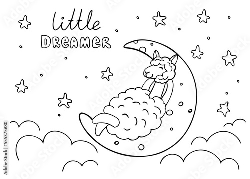 Outline cute llama lies on the moon isolated on white background. Little dreamer. Perfect for coloring page, coloring book, print. Vector illustration.