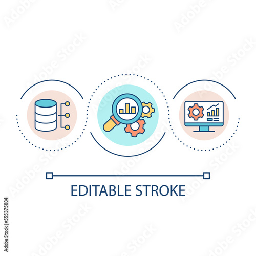 Evaluating computer system loop concept icon. Data analysis abstract idea thin line illustration. Diagnostics. Assessment reports. Isolated outline drawing. Editable stroke. Arial font used