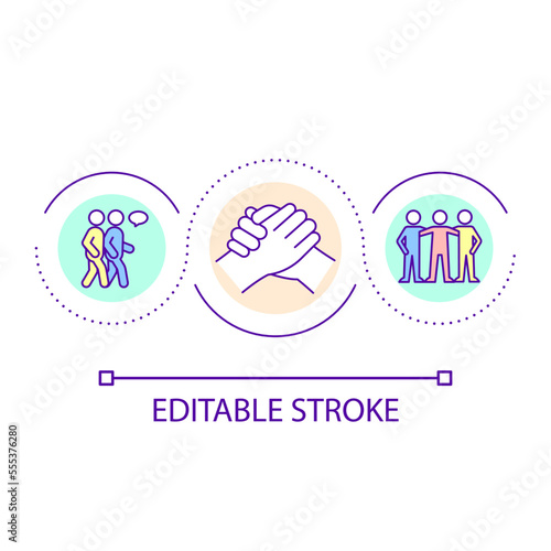 Interpersonal communication skills loop concept icon. Team building exercise abstract idea thin line illustration. Working together. Isolated outline drawing. Editable stroke. Arial font used