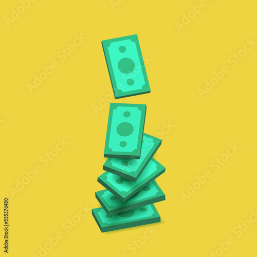 Vector pile of money falling from above on transparent background.
