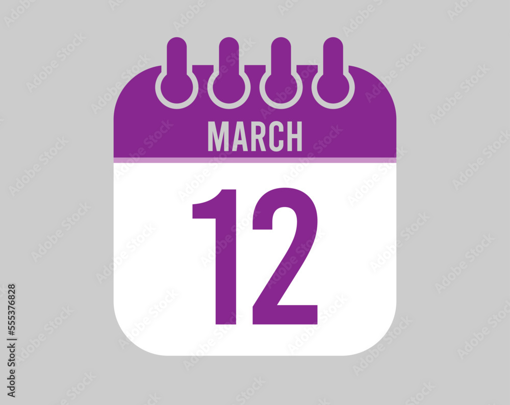 12 March calendar vector. Icon for March days in purple calendar 12 March calendar vector. Icon for March days in purple calendar