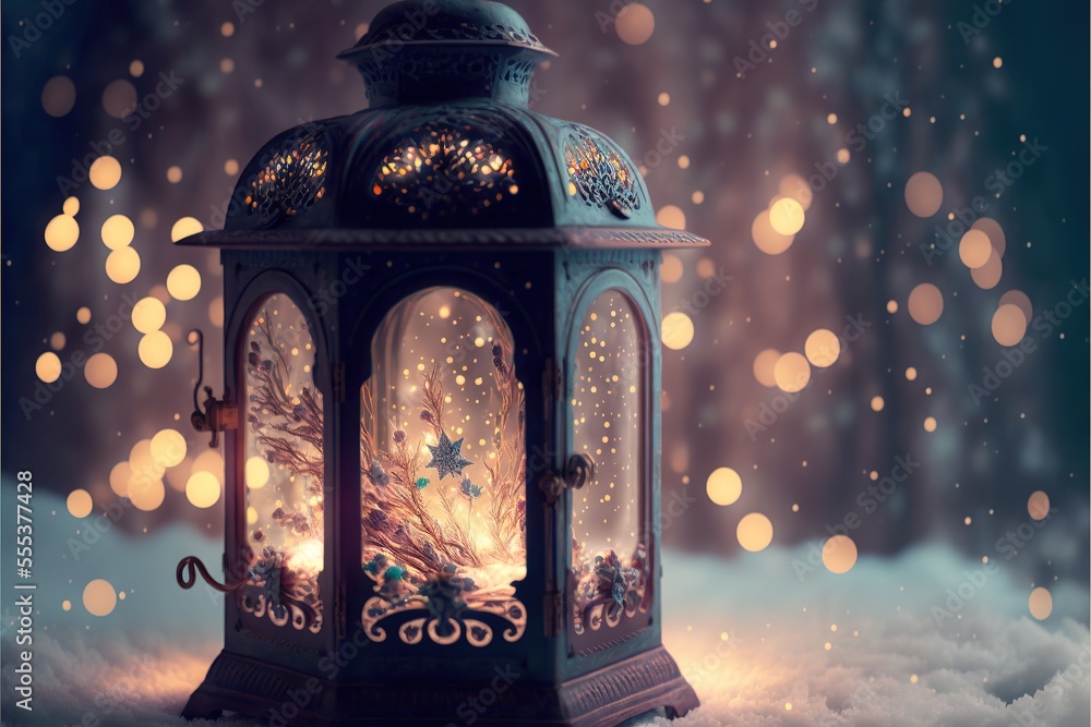 Fairytale antique lantern with magic light on bokeh snowy forest background. AI Fairytale antique lantern with magic light on bokeh snowy forest background. AI