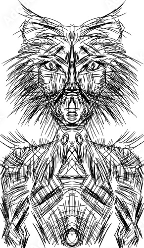 Guy wild cat, monster, character, freehand drawing, vector. Hatching Technique