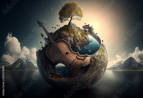 Music planet. Planet earth and musical instruments. Harmony concept.