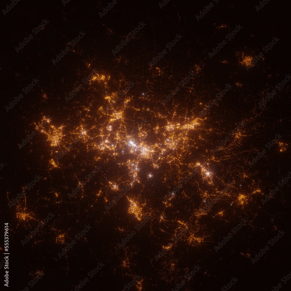 Katowice (Poland) street lights map. Satellite view on modern city at night. Imitation of aerial view on roads network. 3d render