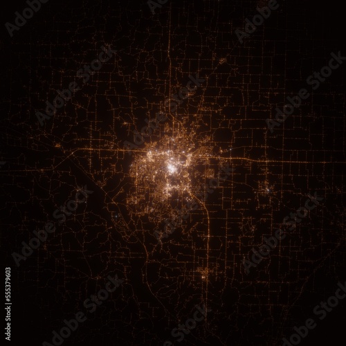 Columbia  Missouri  USA  street lights map. Satellite view on modern city at night. Imitation of aerial view on roads network. 3d render