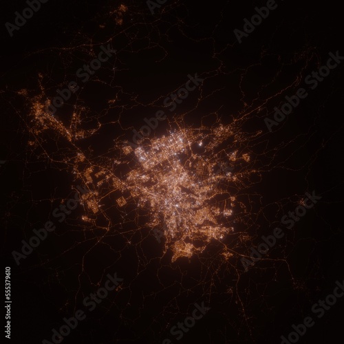 Islamabad (Pakistan) street lights map. Satellite view on modern city at night. Imitation of aerial view on roads network. 3d render