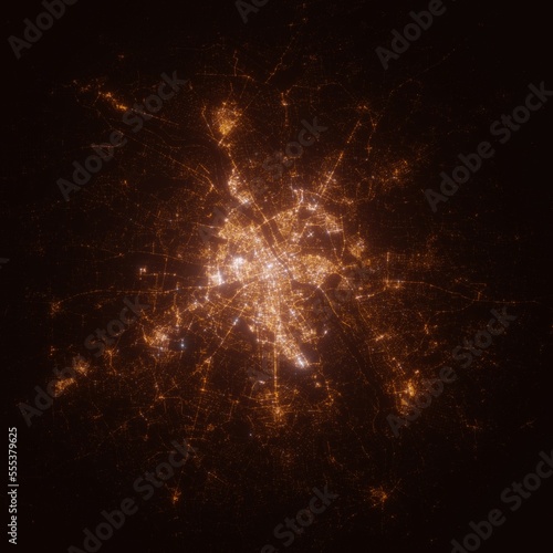 Warsaw (Poland) street lights map. Satellite view on modern city at night. Imitation of aerial view on roads network. 3d render
