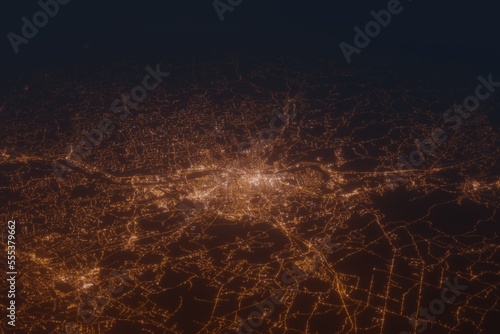 Aerial shot on Manchester (New Hampshire, USA) at night, view from east. Imitation of satellite view on modern city with street lights and glow effect. 3d render