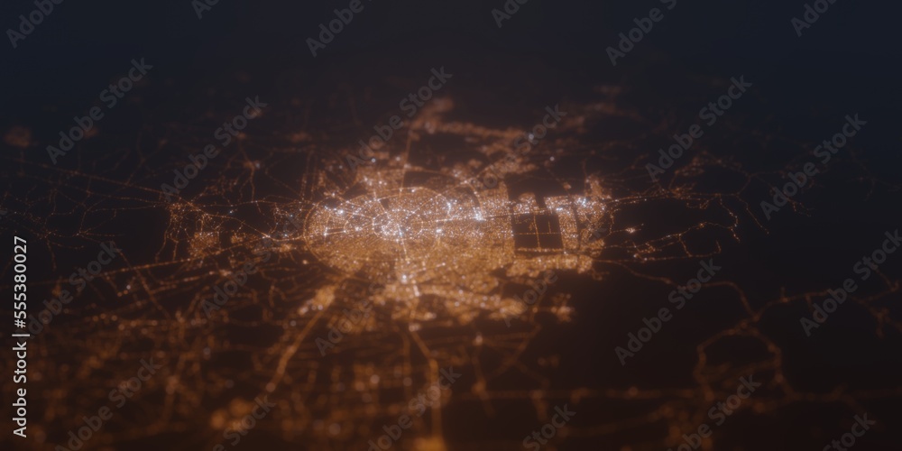 Street lights map of Erbil (Iraq) with tilt-shift effect, view from south. Imitation of macro shot with blurred background. 3d render, selective focus