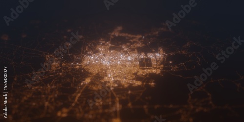 Street lights map of Erbil (Iraq) with tilt-shift effect, view from south. Imitation of macro shot with blurred background. 3d render, selective focus