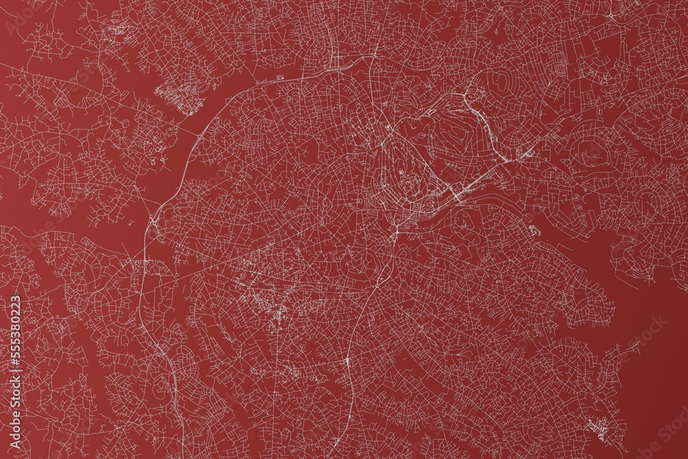 Map of the streets of Kampala (Uganda) made with white lines on red background. Top view. 3d render, illustration Map of the streets of Kampala (Uganda) made with white lines on red background. Top view. 3d render, illustration