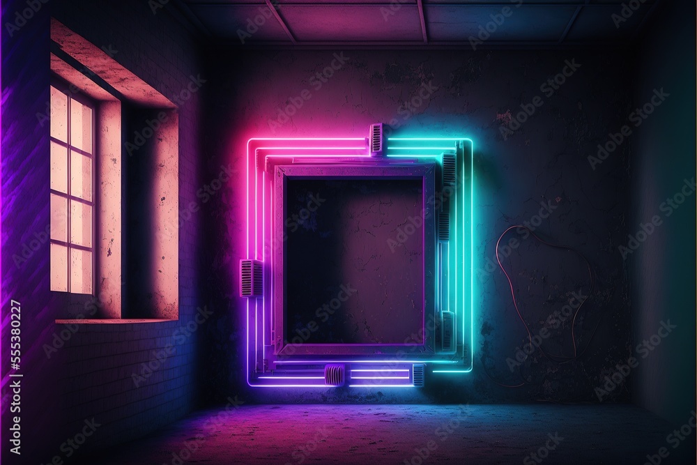 Dark night room with brick walls with neon illumination, metal pipes on the walls, a passageway, a tunnel in the wall. AI Dark night room with brick walls with neon illumination, metal pipes on the walls, a passageway, a tunnel in the wall. AI