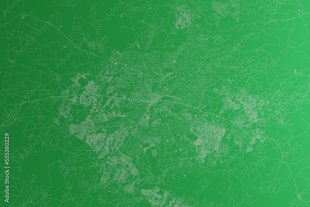 Map of the streets of Harare (Zimbabwe) made with white lines on green paper. Rough background. 3d render, illustration