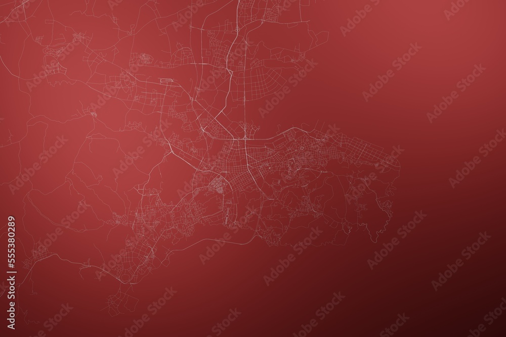 Map of the streets of Dalian (China) made with white lines on abstract red background lit by two lights. Top view. 3d render, illustration