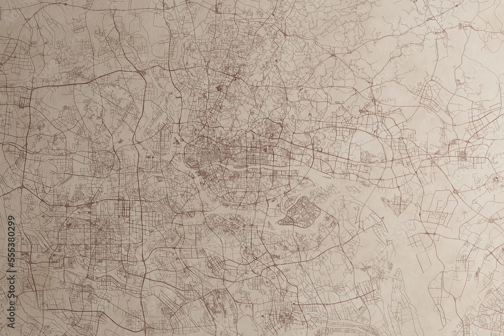 Map of Guangzhou (China) on an old vintage sheet of paper. Retro style grunge paper with light coming from right. 3d render
