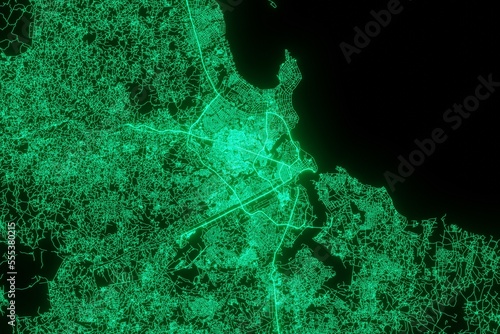 Map of the streets of Dar Es Salaam (Tanzania) made with green illumination and glow effect. Top view on roads network. 3d render, illustration © Hairem