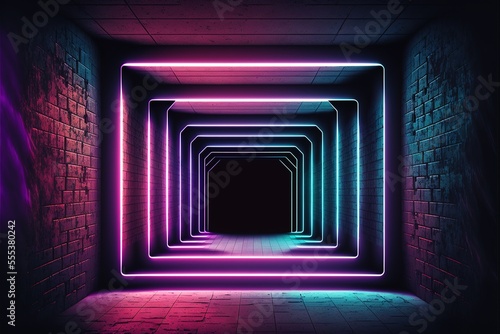 Dark night room with brick walls with neon illumination, metal pipes on the walls, a passageway, a tunnel in the wall. AI