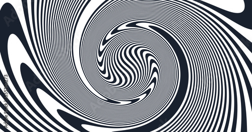 Black and white swirl background. Pattern with whirlpool movement optical illusion. Psychedelic stripes. 3d vector illustration for brochure, magazine, poster, presentation, flyer or banner.